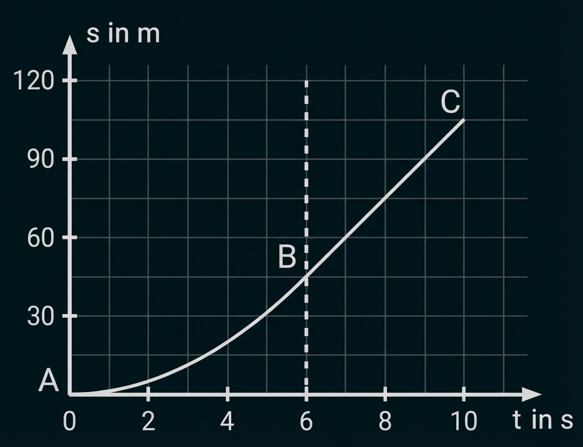 Diagramm: s (m) gegen t (s), ansteigende Kurve von A über B (t≈6 s) bis C (t≈10 s), gestrichelte Hilfslinie bei t=6 s